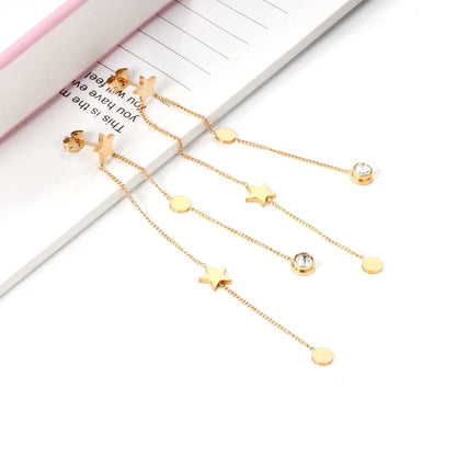 New Crystal Stars Coin Long Tassel Dangle Earrings For Women Girls Stainless Steel Trending Korean Fashion Jewelry asonjewelry