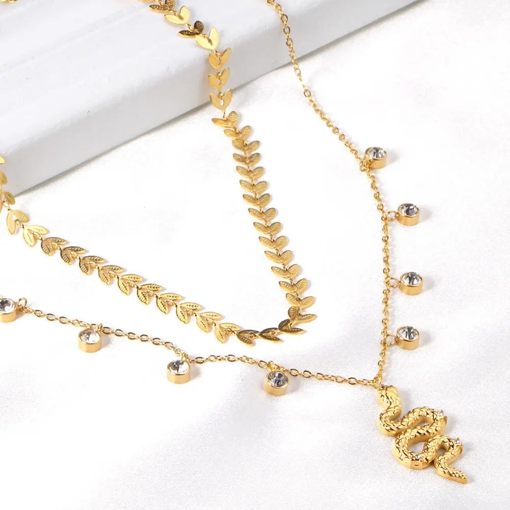 Gothic Multilayer Snake Crystal Necklace Women Gold Color Stainless Steel Double Chain Bohemian 2022 Trendy Jewelry asonjewelry