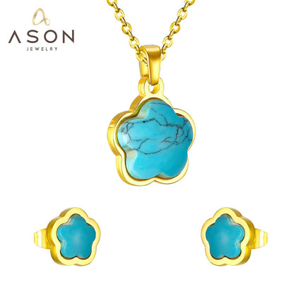 ASON 316L Stainless Steel Gold Bridal Wedding Jewelry Sets For Women Flower Shape Necklace Pendant Small Stud Earring asonjewelry