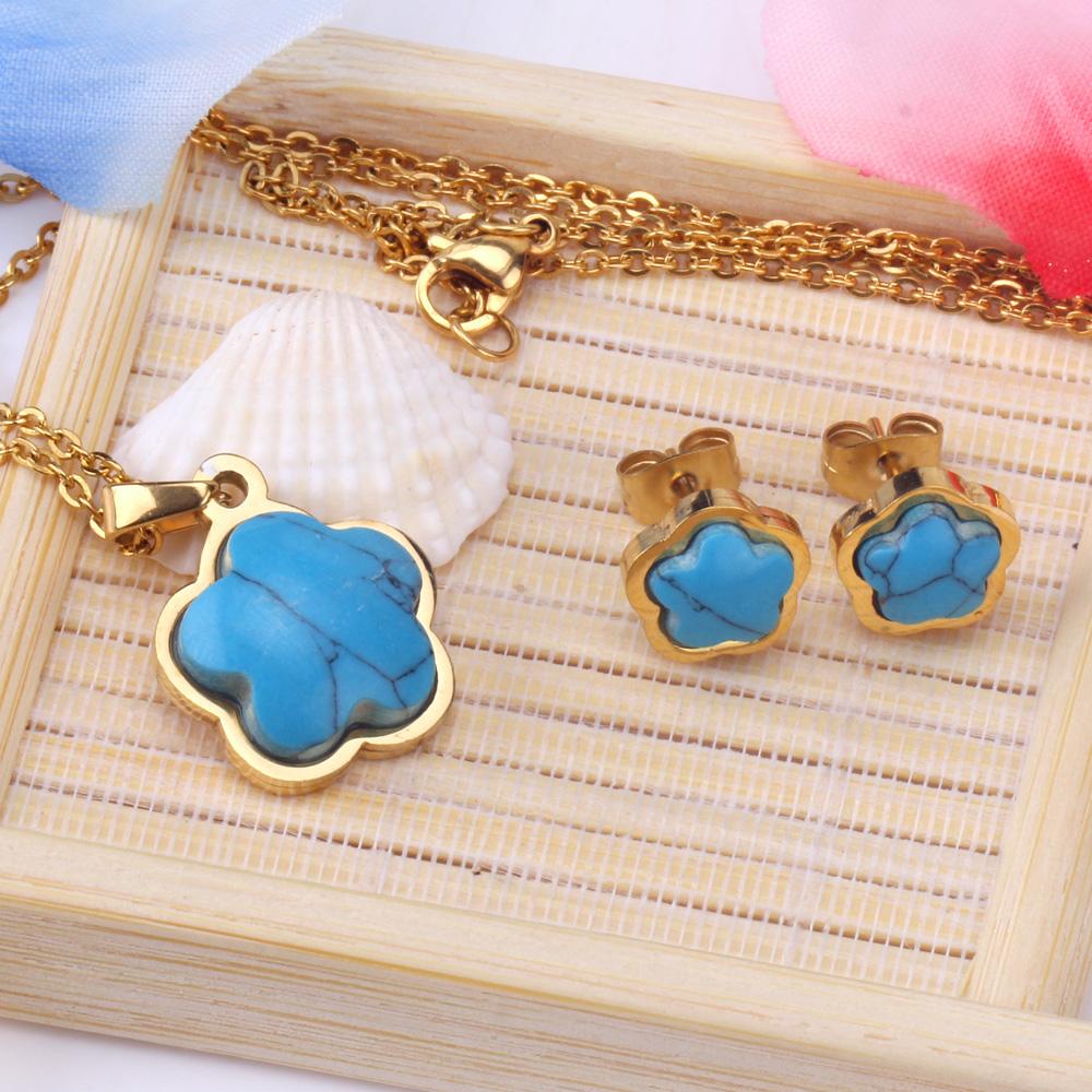 ASON 316L Stainless Steel Gold Bridal Wedding Jewelry Sets For Women Flower Shape Necklace Pendant Small Stud Earring asonjewelry