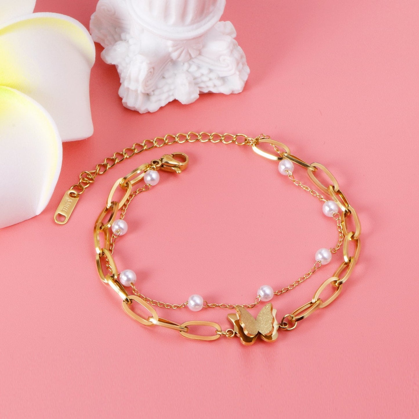 ASON Gold Color Butterfly Charm Imitation Pearl Chain Bracelet Stainless Steel Bangle for Women Fashion Jewelry Party Gift asonjewelry