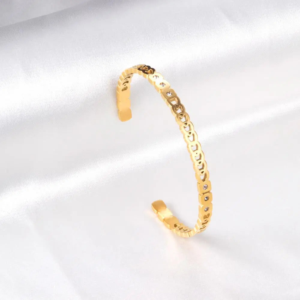 Round Hollow Out Bangles On Hand Stainless Steel Cuff Bracelets Jewelry Women Cubic Zirconia Open Bangle Fairy Lady asonjewelry