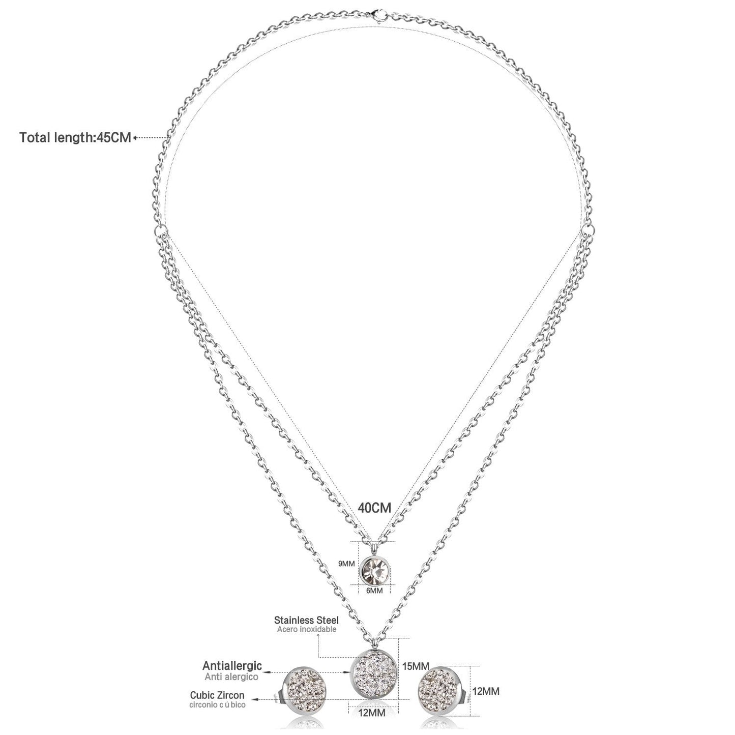 ASON Double Round Rolo Cuban Link Chains Jewelry Sets Stainless Steel Cubic Zirconia Pendant Necklace Earring Bijoux Party asonjewelry