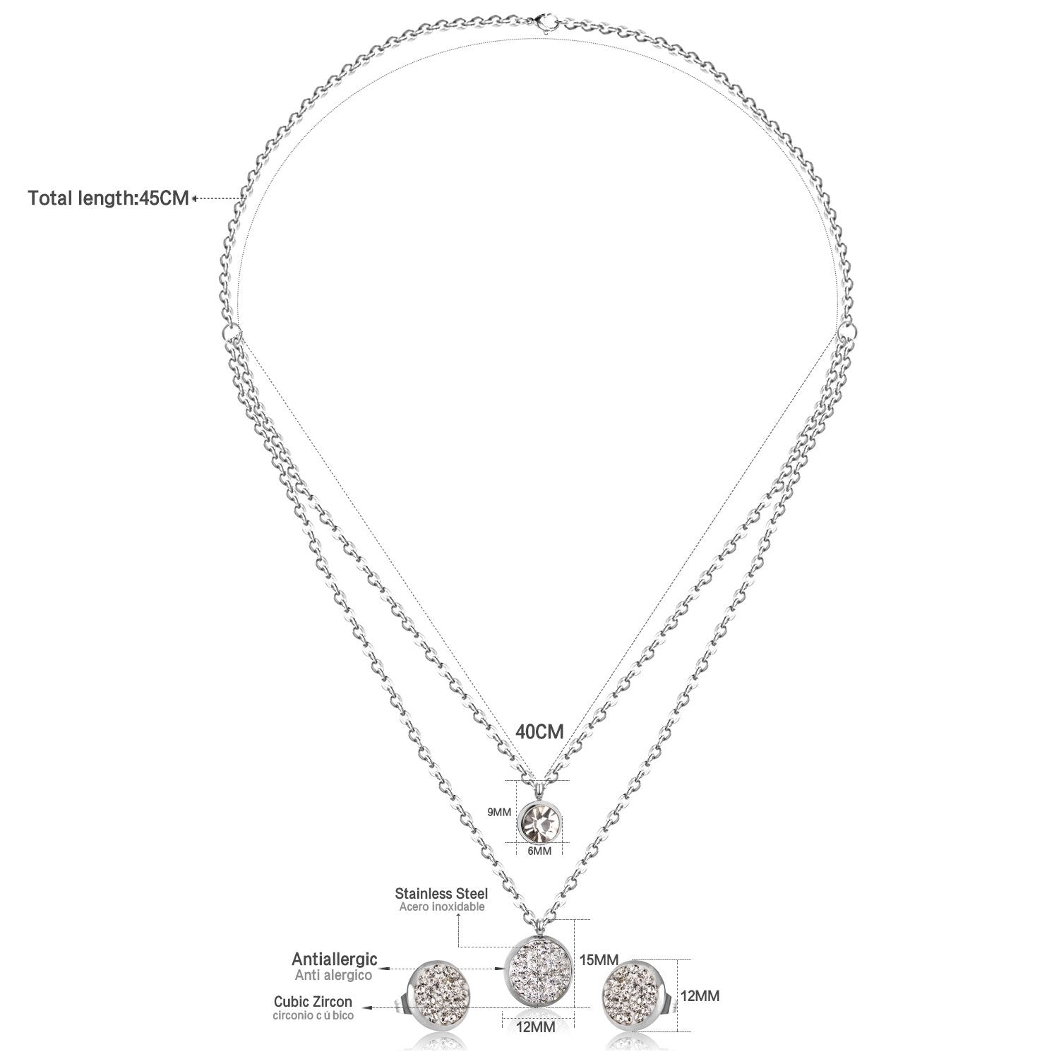 ASON Double Round Rolo Cuban Link Chains Jewelry Sets Stainless Steel Cubic Zirconia Pendant Necklace Earring Bijoux Party asonjewelry