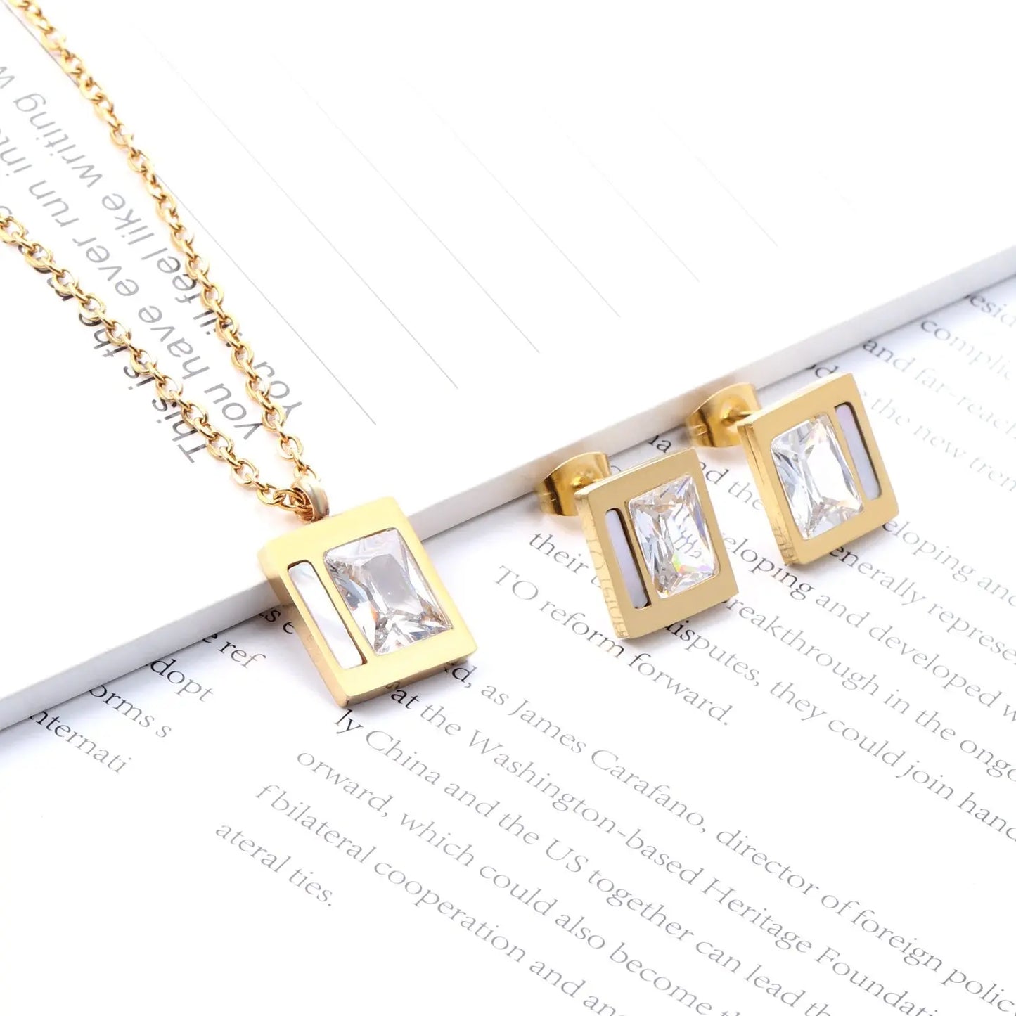 Stainless Steel Wedding Square Shell Chain Necklace Stud Earrings Bridal Jewelry Set Gold Jewellery Sets For Women asonjewelry