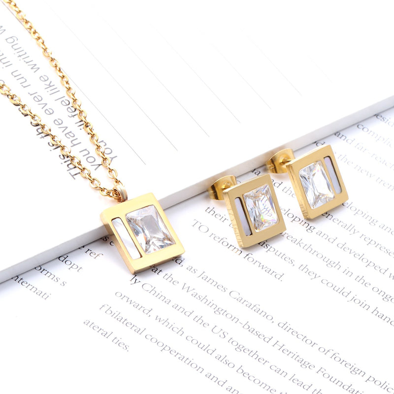 Stainless Steel Wedding Square Shell Chain Necklace Stud Earrings Bridal Jewelry Set Gold Jewellery Sets For Women