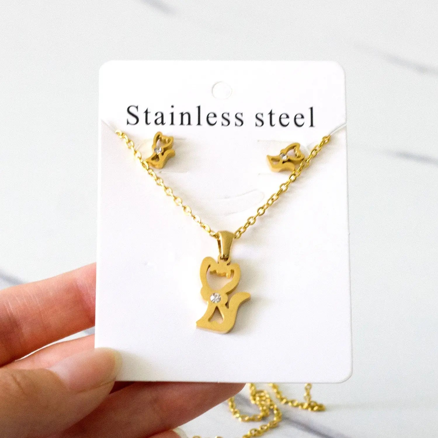 Stainless Steel Little Fox With Cubic Zirconia Necklace Earrings Set Woman Wedding Jewelry Sets Anniversary Present asonjewelry