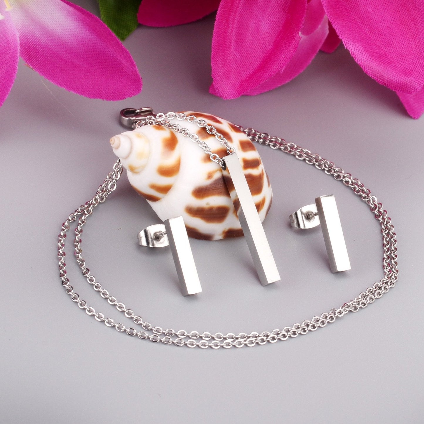 ASON Silver Color Jewelry Set Stainless Steel Vertical Bar Pendant Necklace for Women/Men Anniversary Gift Fashion Earrings asonjewelry