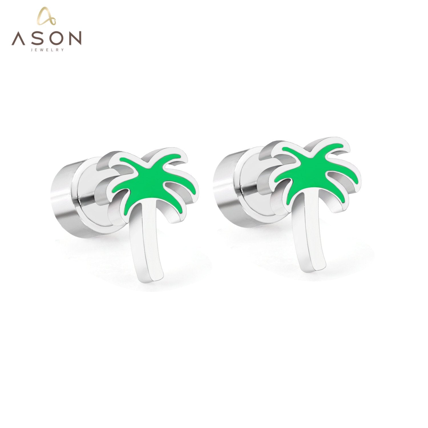 ASON Cute Children's Stud Earrings Silver Color Stainless Steel Coconut Tree Cartoon Ear Studs for Girl Jewelry Gift asonjewelry