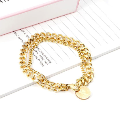 ASON Fashion 316L Stainless Steel Double Chain Bracelet with Coin Cuban Link Chain Bangles Unisex Wrist Jewelry asonjewelry