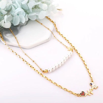 Imitation Pearl Double Layered Necklace With Cute Astronaut Heart Star Charms Box Chian Double Pendant Necklace asonjewelry