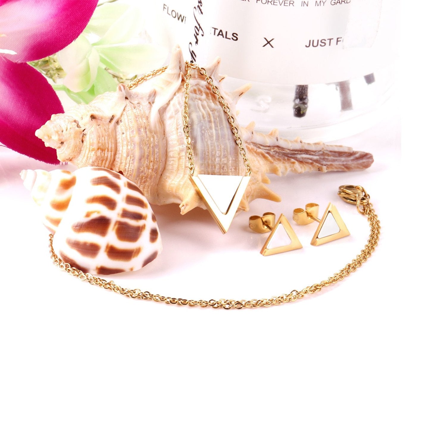 ASON Children Triangle Pendant Necklace Stainless Steel Small Stud Earrings Shell Jewelry Sets Party For Girl Women Fashion asonjewelry