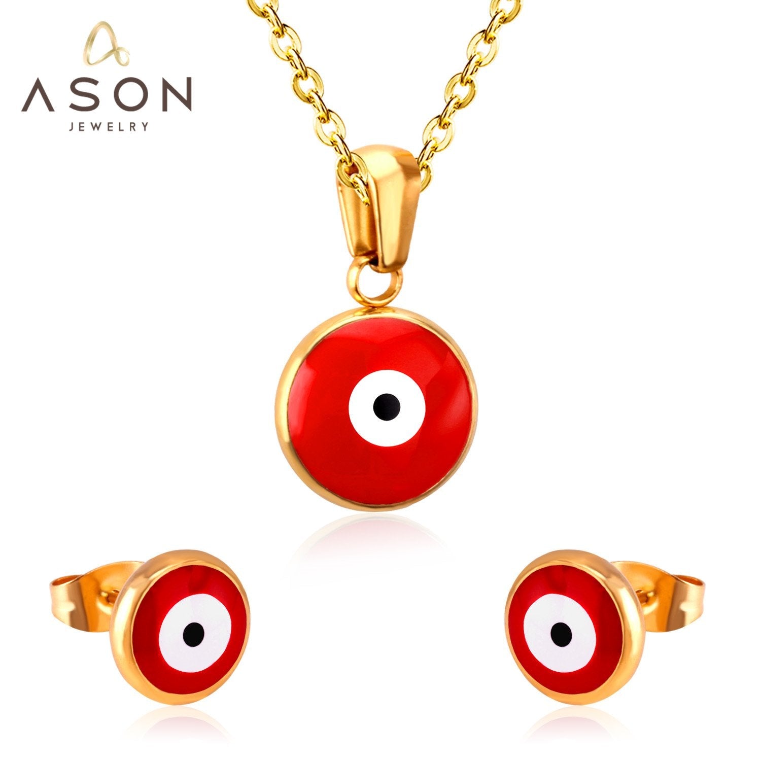 ASON Gold Jewelry Sets Women Accessories Stainless Steel Red Color Eye Pendant Necklace Earring Fashion Jewelry Party Gift asonjewelry
