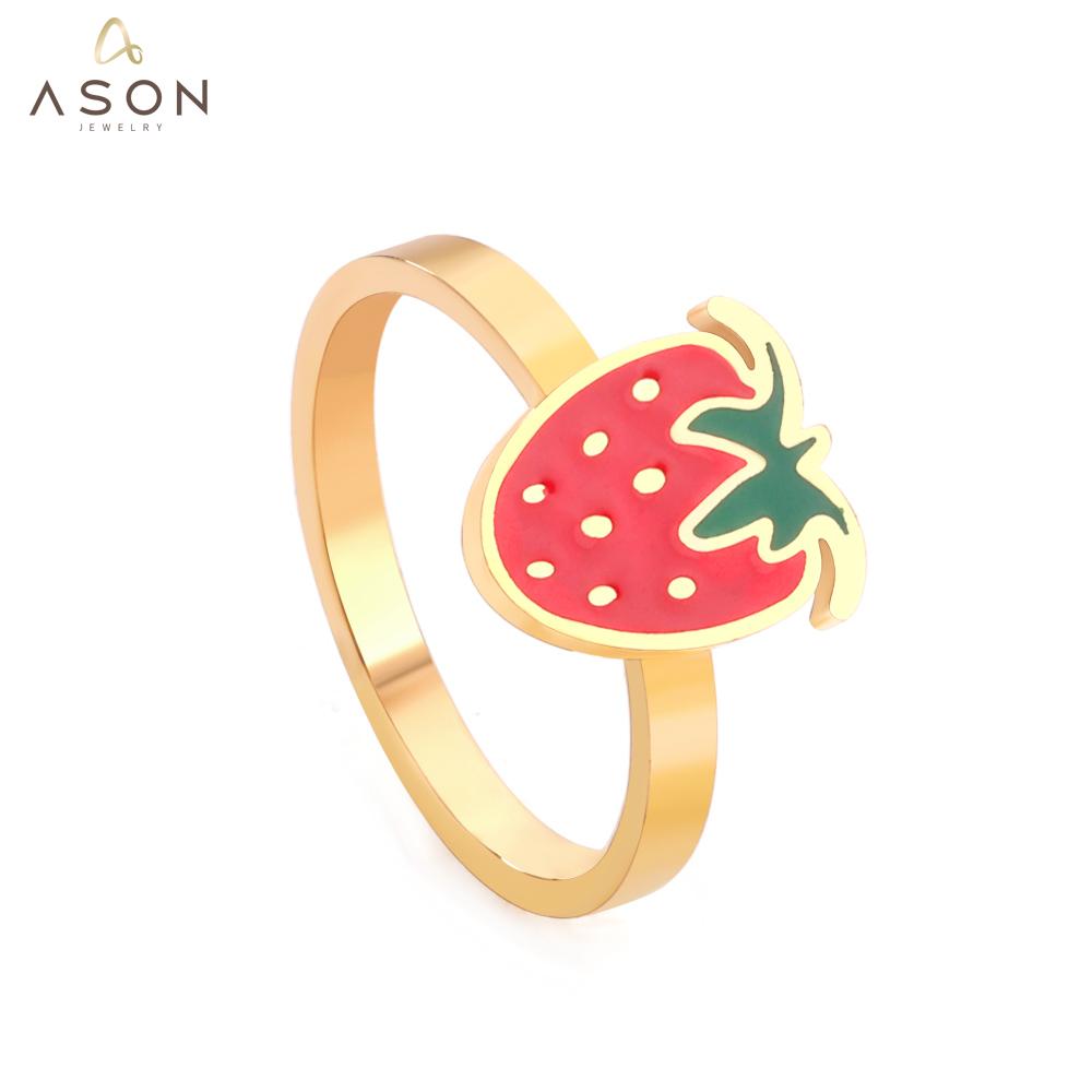 ASON Trendy Style Cute Strawberry Shape Circle Ring Gold Color Stainless Steel For Women Jewelry Accessory Daily Wear Patry asonjewelry