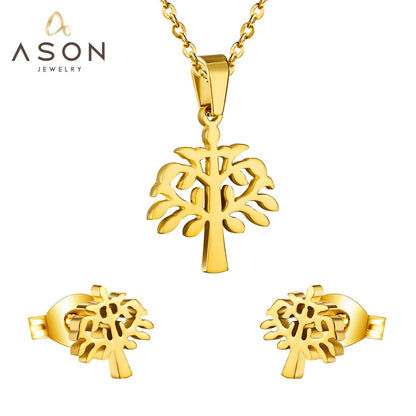 ASON Top 316L Stainless Steel Gold Color Jewelry Sets for Women 2019 Plant Pendant Necklace Small Stud Earrings for Femme asonjewelry