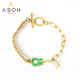 ASON Trendy Musical Notes and Guitar Charm Bracelet Gold Color Stainless Steel Bangle 18cm for Women Men Party Gift Jewelry