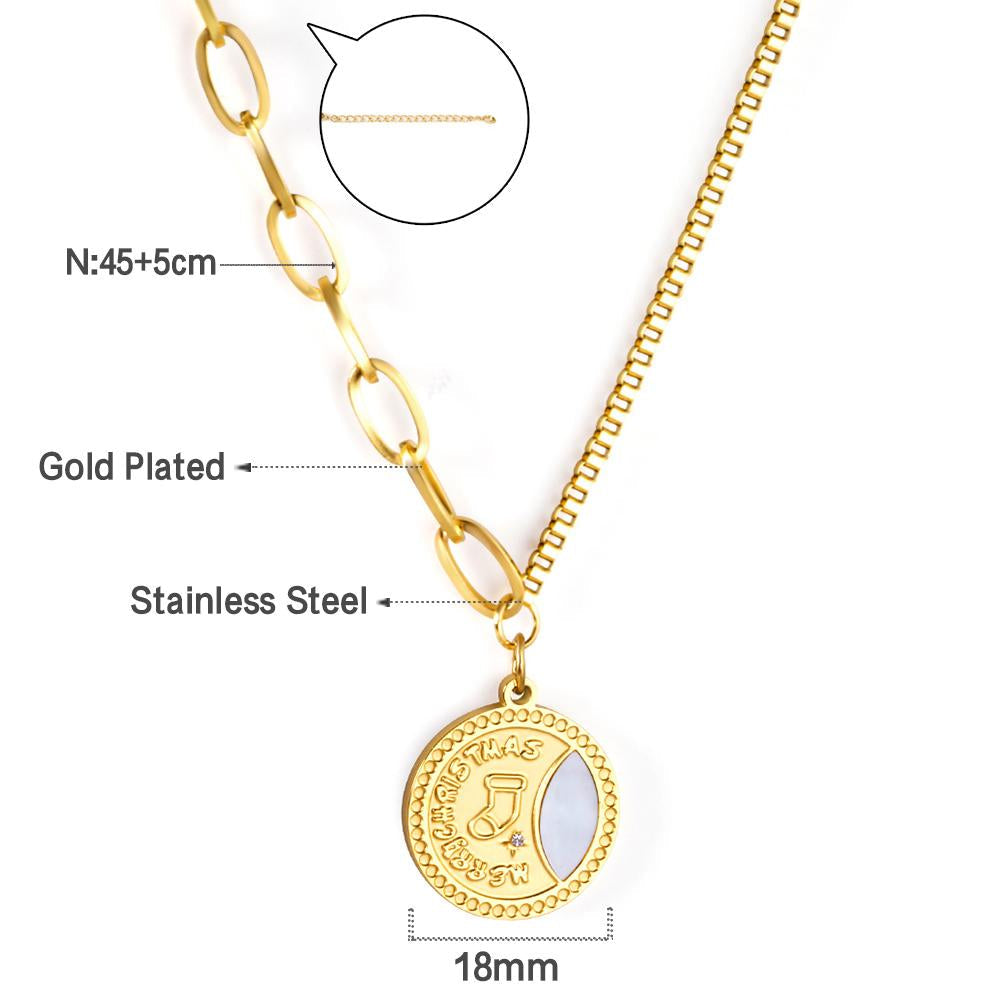 ASON Fashion Gold Color Stainless Steel Christmas Pattern Pendant Necklace with Shell for Women Men Jewelry Gift Accessory asonjewelry