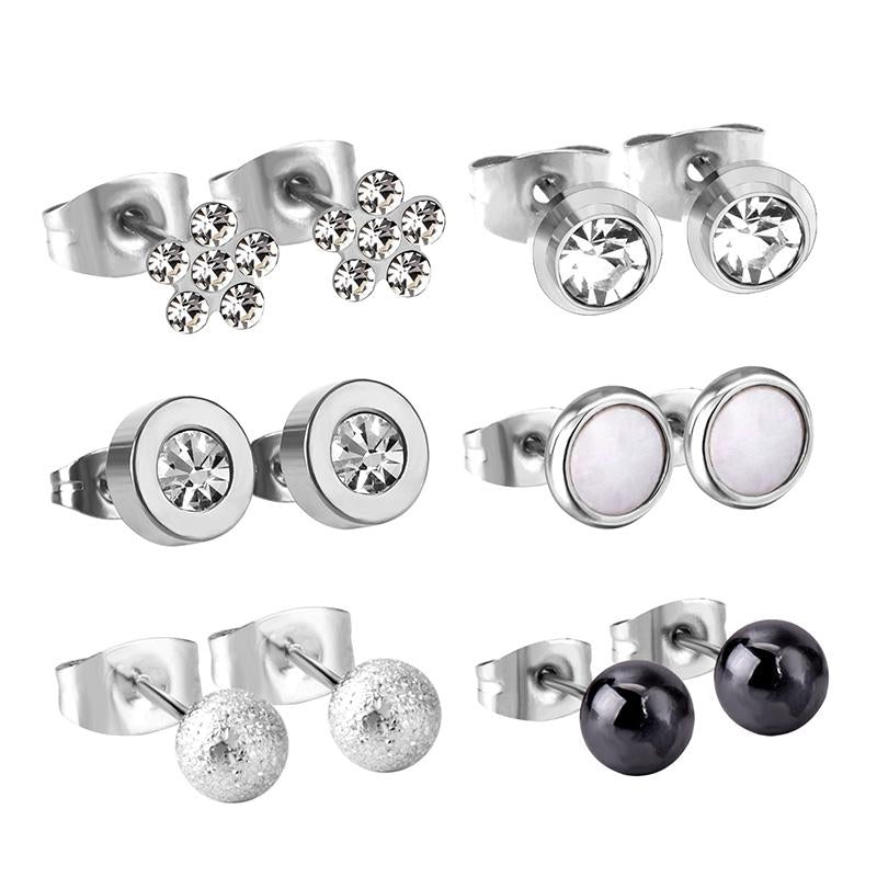 ASON 6Pairs/Box Punk Style Mixed Shape Piercing Stud Earrings Jewelry Sets Stainless Steel Silver Color Women Men Jewelry asonjewelry
