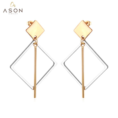 ASON New Classic Style Gold Color Square Dangle Earrings Stainless Steel Unique Long Tube Pendants Earrings for Girl asonjewelry