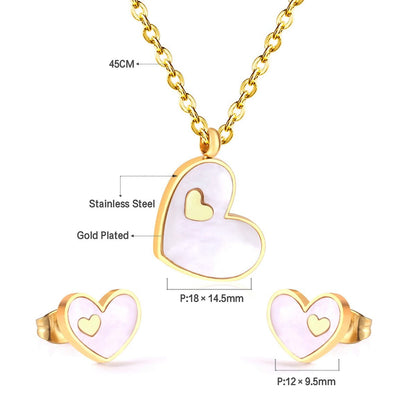 ASON Heart White/Black Shell Pendant Necklace Stud Earring Jewelry Sets Stainless Steel Gold Color Party Accessories Gift asonjewelry