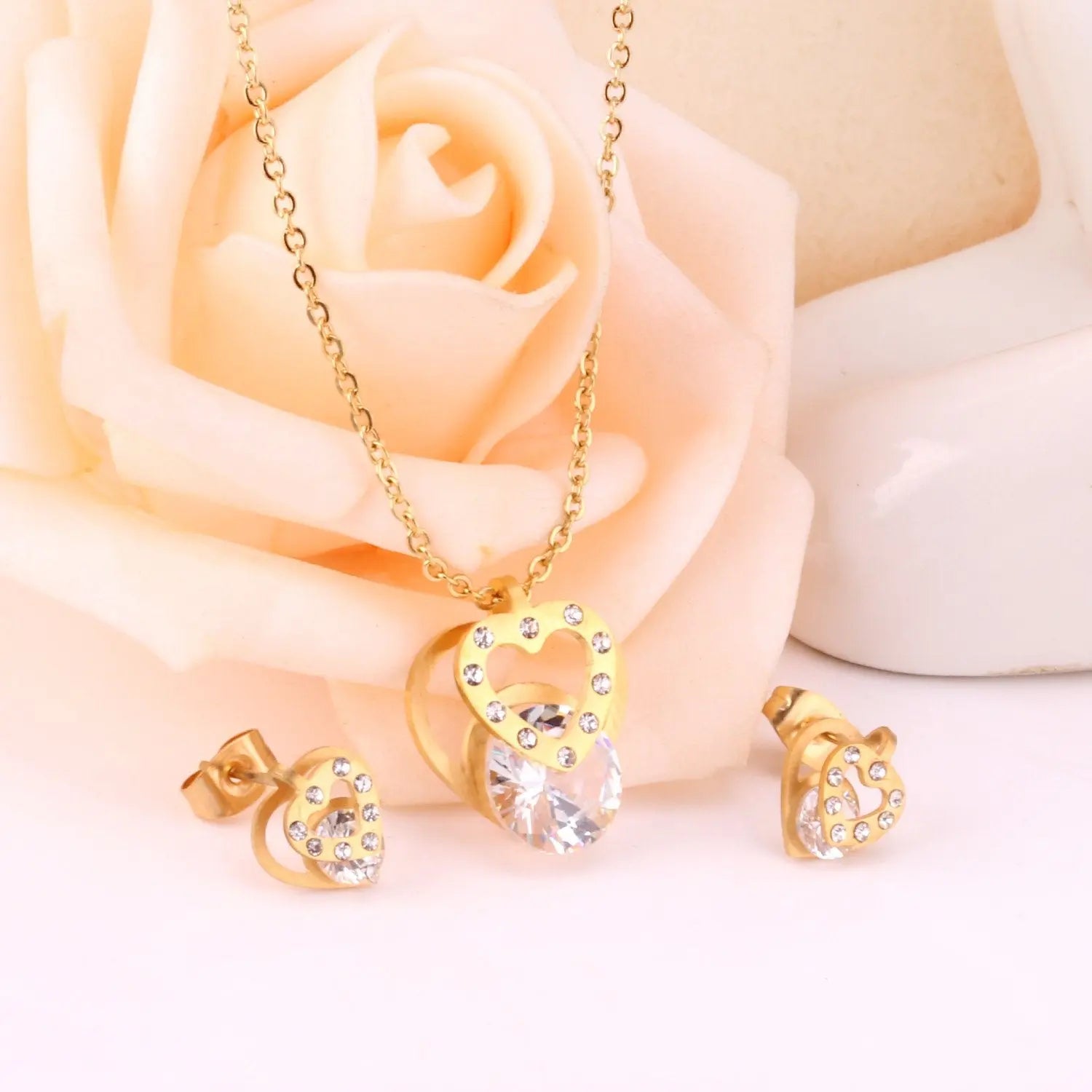 Hot Sale Stainless Steel Sets CZ Fashion Heart Jewelry sets Women Valentine's Day present asonjewelry