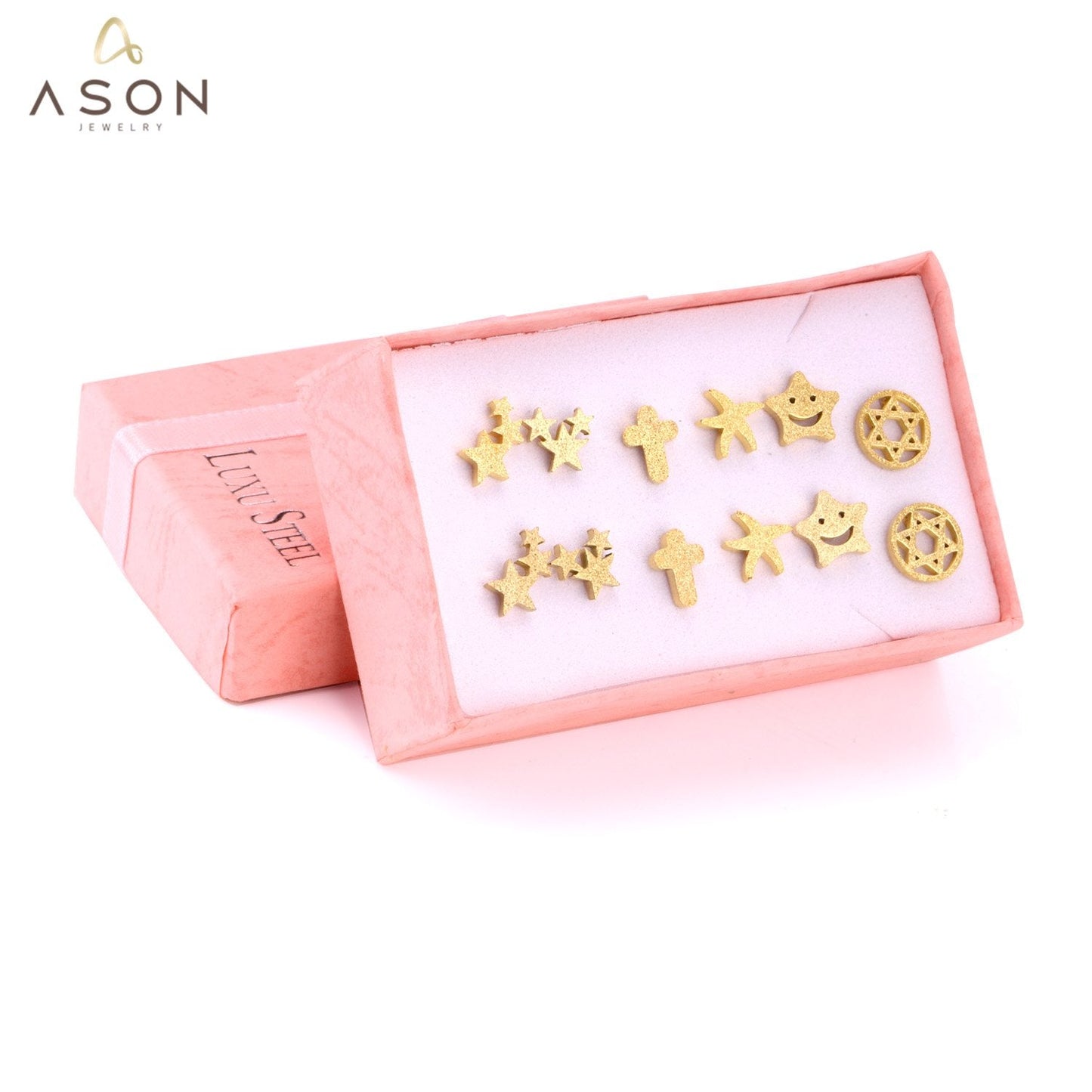 ASON 6pairs/Box Cute Baby Cross/Smile/Star/Round Piercing Stud Earrings Set Gold Color Accessories  Stainless Steel Jewelry asonjewelry