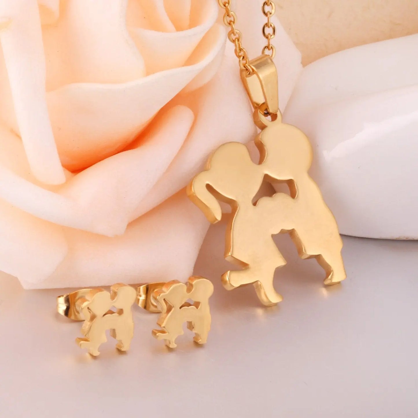 Romantic Lovely Boy Girl Kiss Necklace Earrings For Women Jewelry Sets Gift Dubai Jewellery set asonjewelry