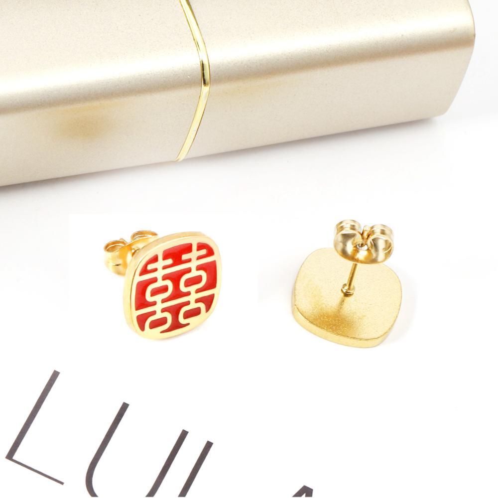 ASON Fashion Chinese Characters Stud Earrings Gold Color 316L Stainless Steel Lucky Word Earrings Women Wedding Jewelry asonjewelry