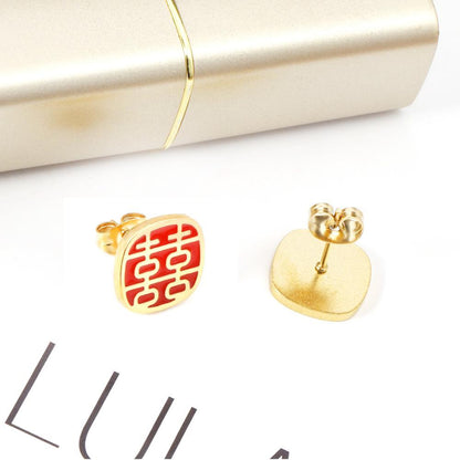 ASON Fashion Chinese Characters Stud Earrings Gold Color 316L Stainless Steel Lucky Word Earrings Women Wedding Jewelry asonjewelry