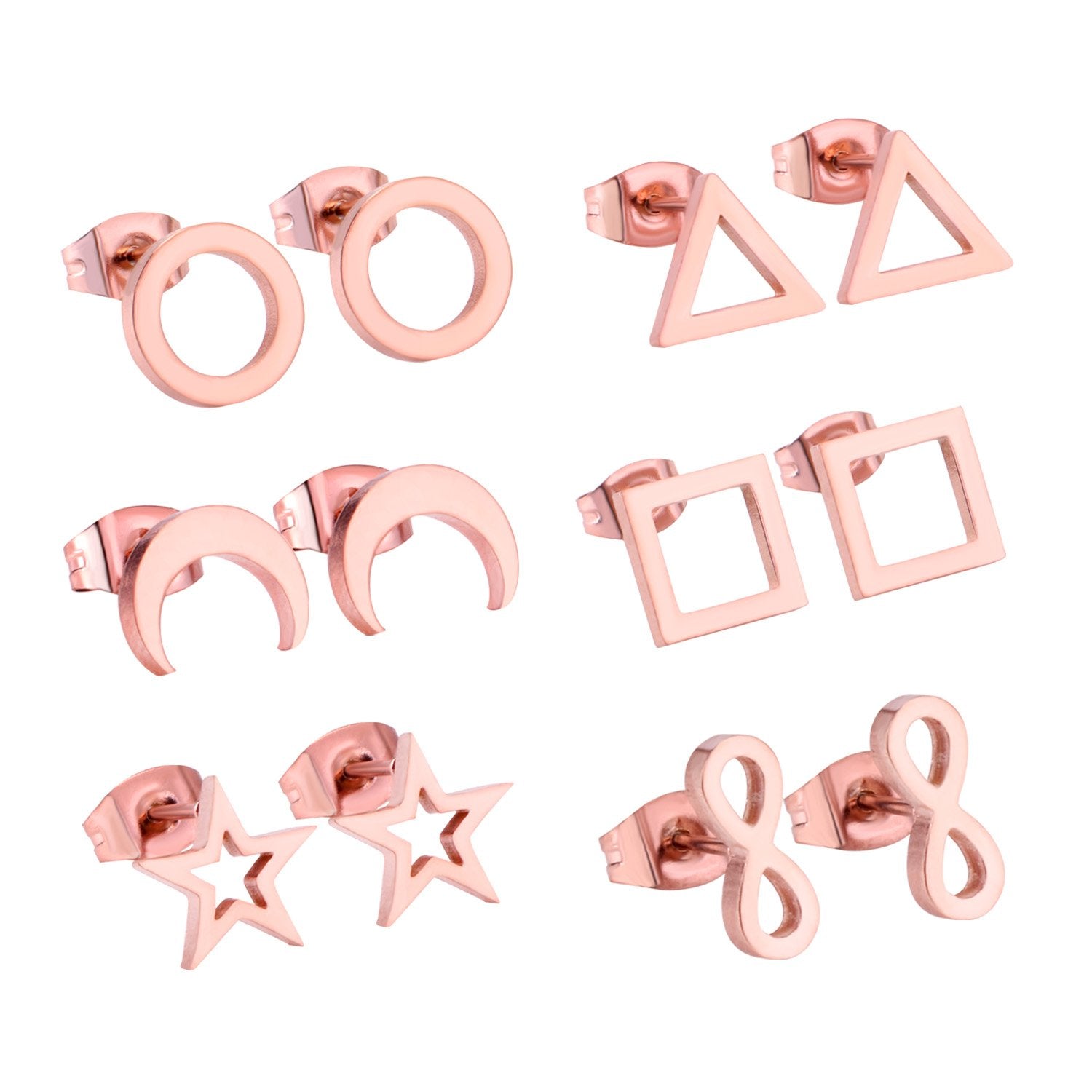 ASON Rose Gold Earrings Round Square Triangle Star Moon 6Pairs/box Girl Earrings Stainless Steel Weekend Jewelry Friend asonjewelry