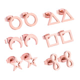 ASON Rose Gold Earrings Round Square Triangle Star Moon 6Pairs/box Girl Earrings Stainless Steel Weekend Jewelry Friend