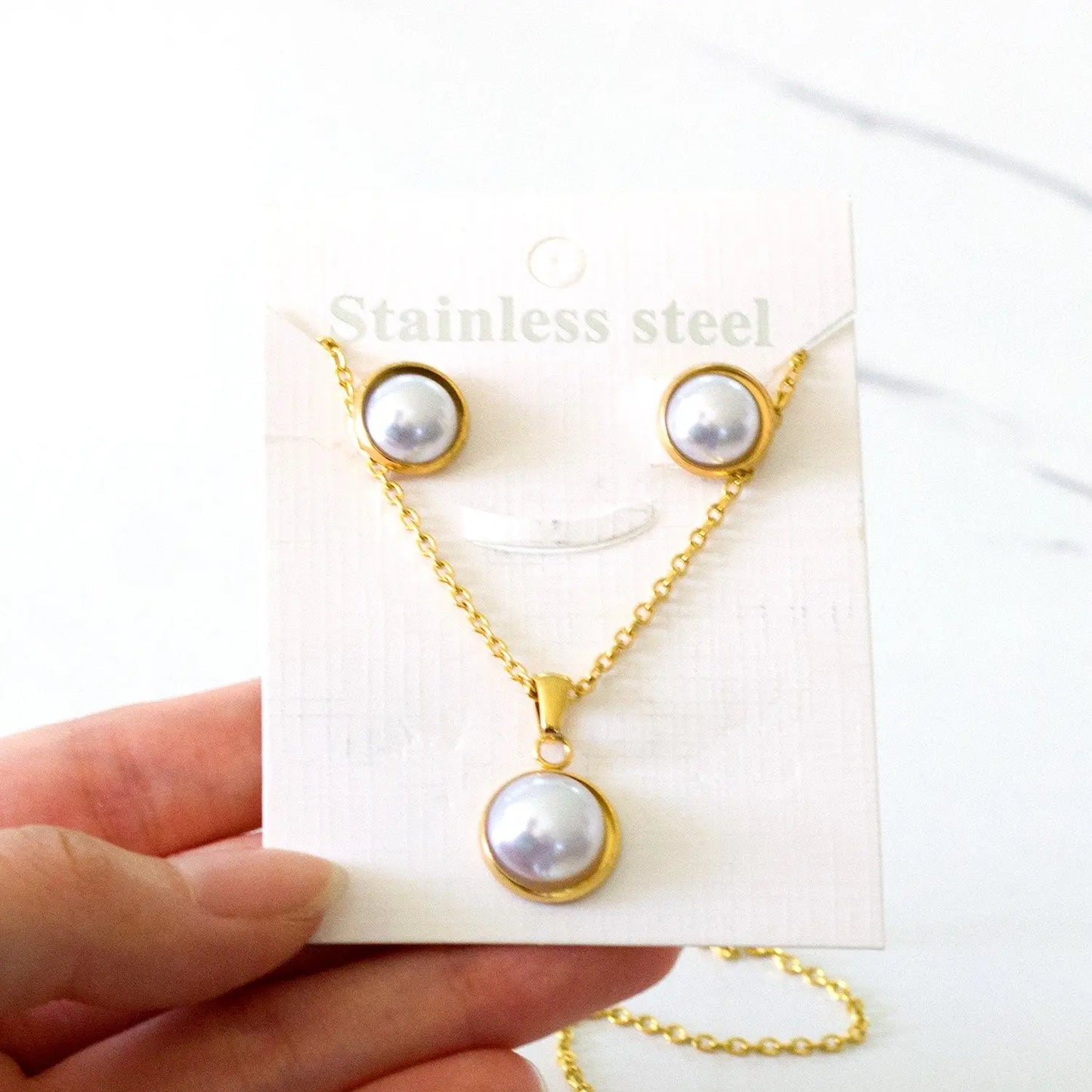 Half Imitation Pearl Stainless Steel Necklace Earrings Set Gold/Silver Color For Woman Wedding Jewellry Accessories asonjewelry