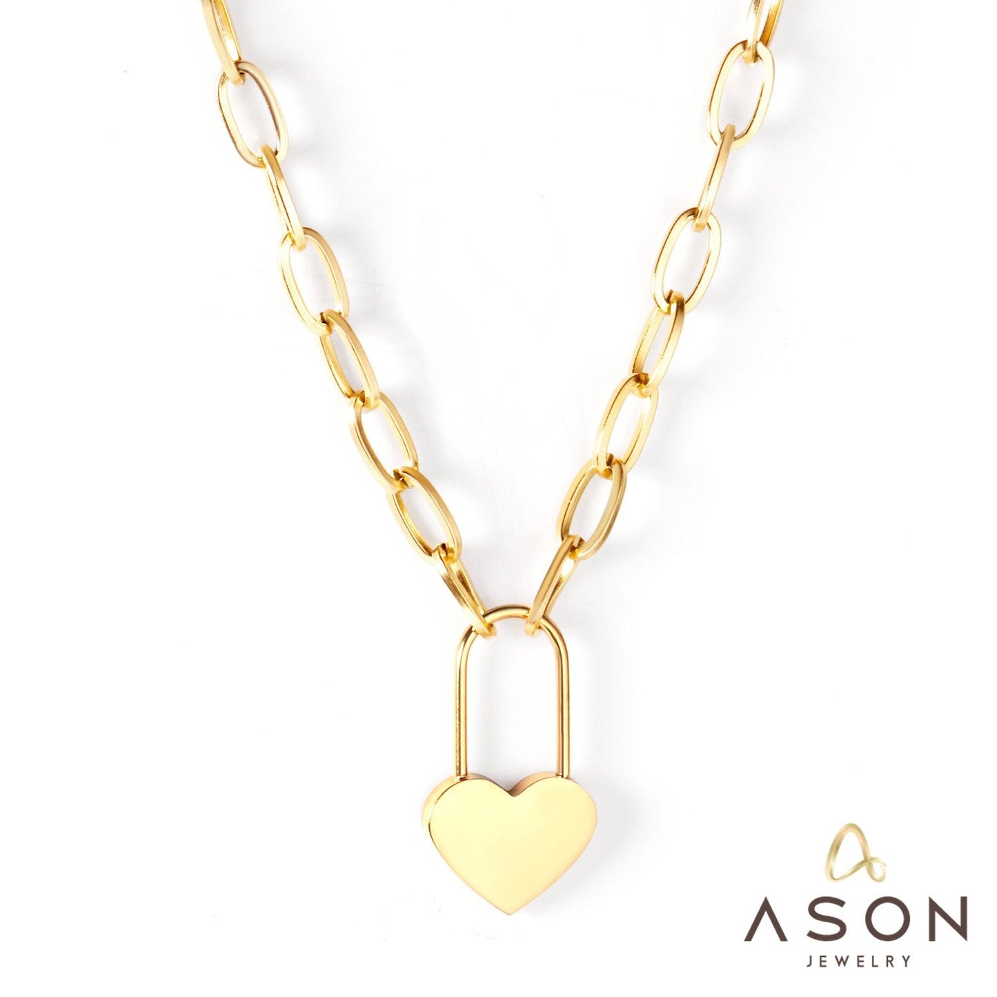 ASON Lock of Heart Pendant Necklace Stainless Steel Big Chain Necklace for Women Men Lover's Fashion Jewelry Accessories asonjewelry