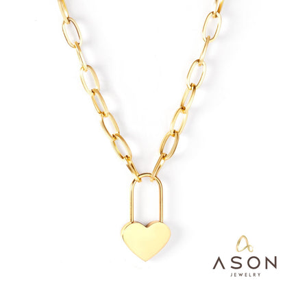 ASON Lock of Heart Pendant Necklace Stainless Steel Big Chain Necklace for Women Men Lover's Fashion Jewelry Accessories asonjewelry