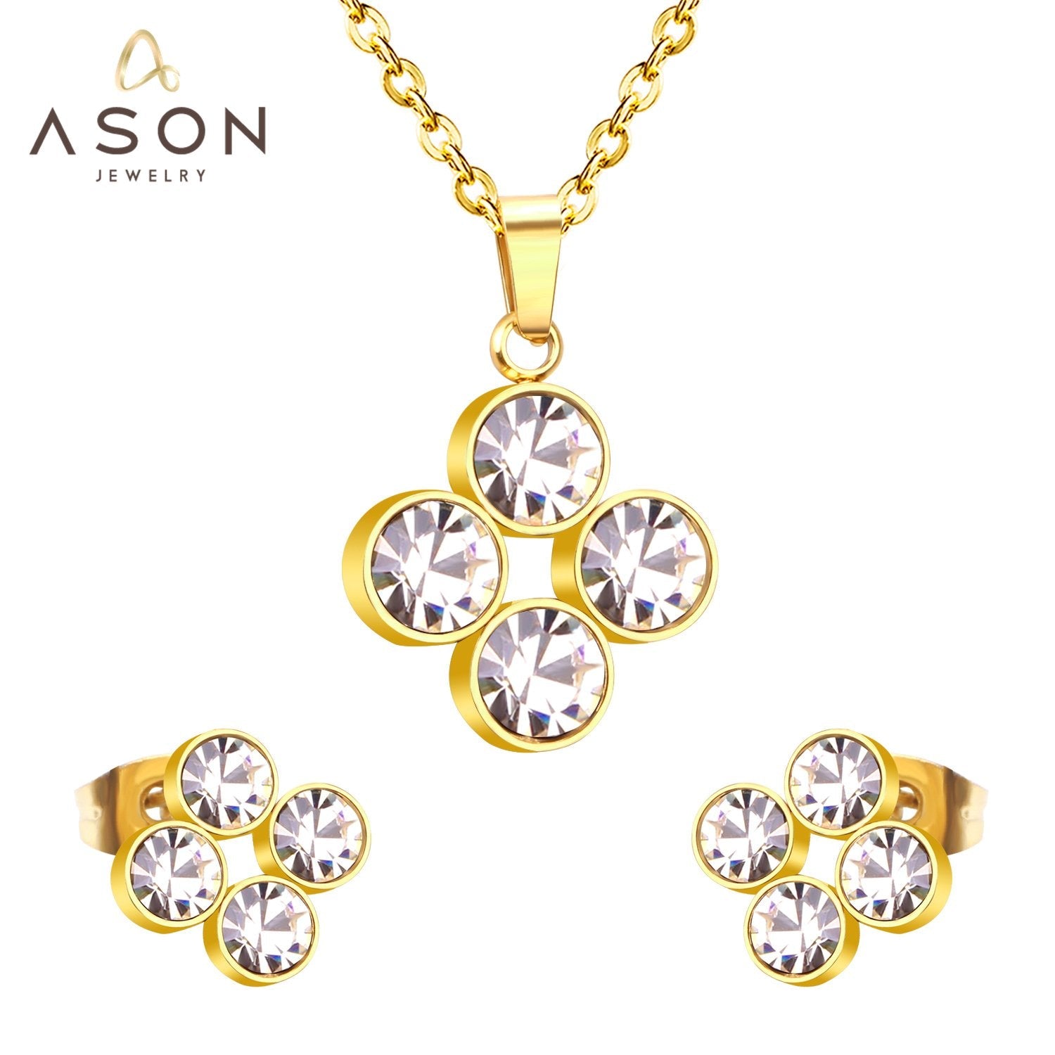 ASON 316L Stainless Steel Zircon Gold Bridal Wedding Jewelry Sets for Women 2019 Flower Necklace Pendant Small Stud Earring asonjewelry