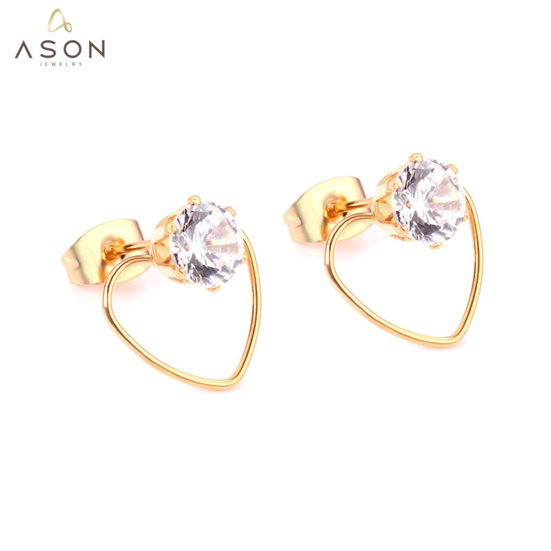ASON – boucles d'oreilles rondes en forme de cœur, en zircone cubique, cadeau de saint-valentin, en acier inoxydable, couleur or, bijoux classiques