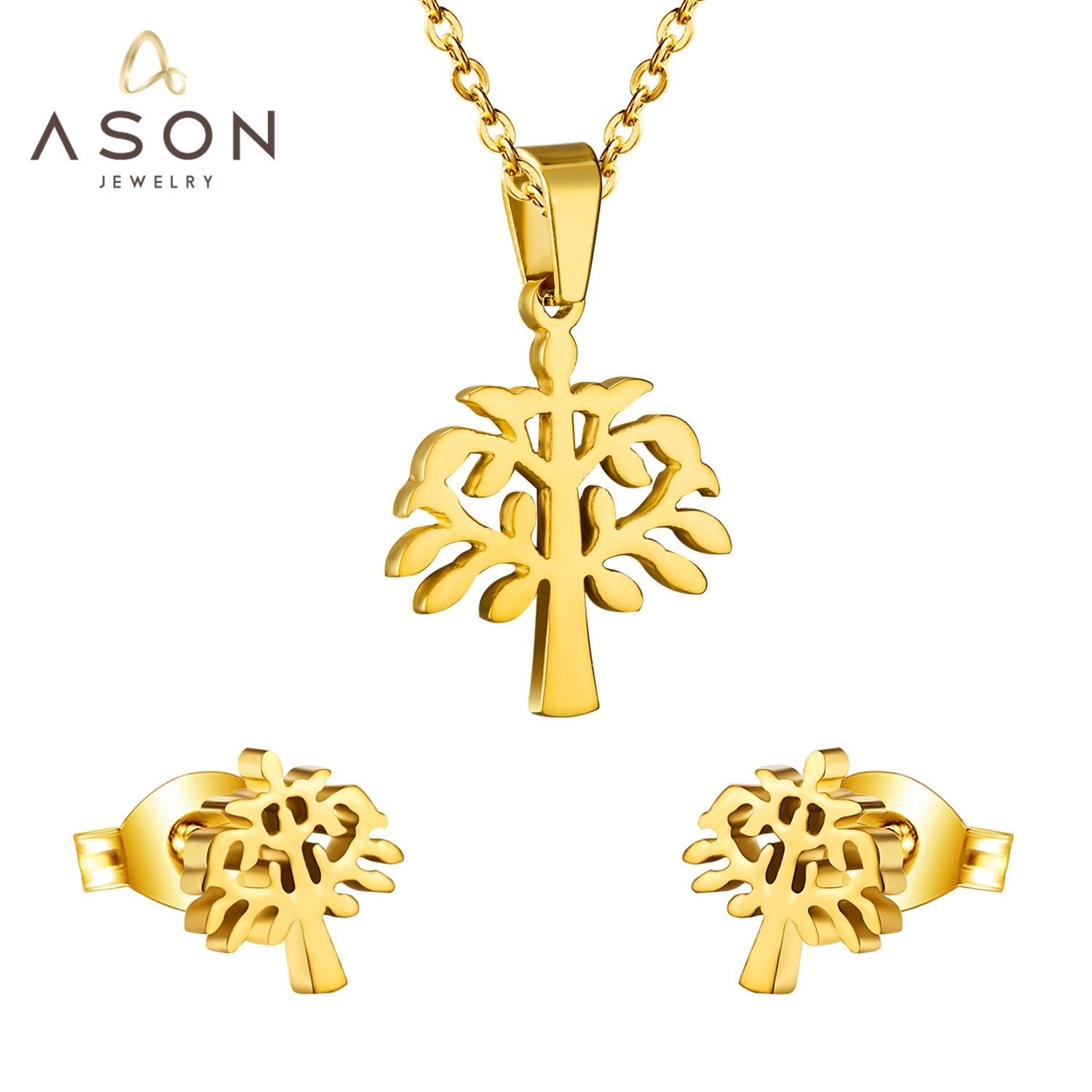 ASON Top 316L Stainless Steel Gold Color Jewelry Sets for Women 2019 Plant Pendant Necklace Small Stud Earrings for Femme asonjewelry
