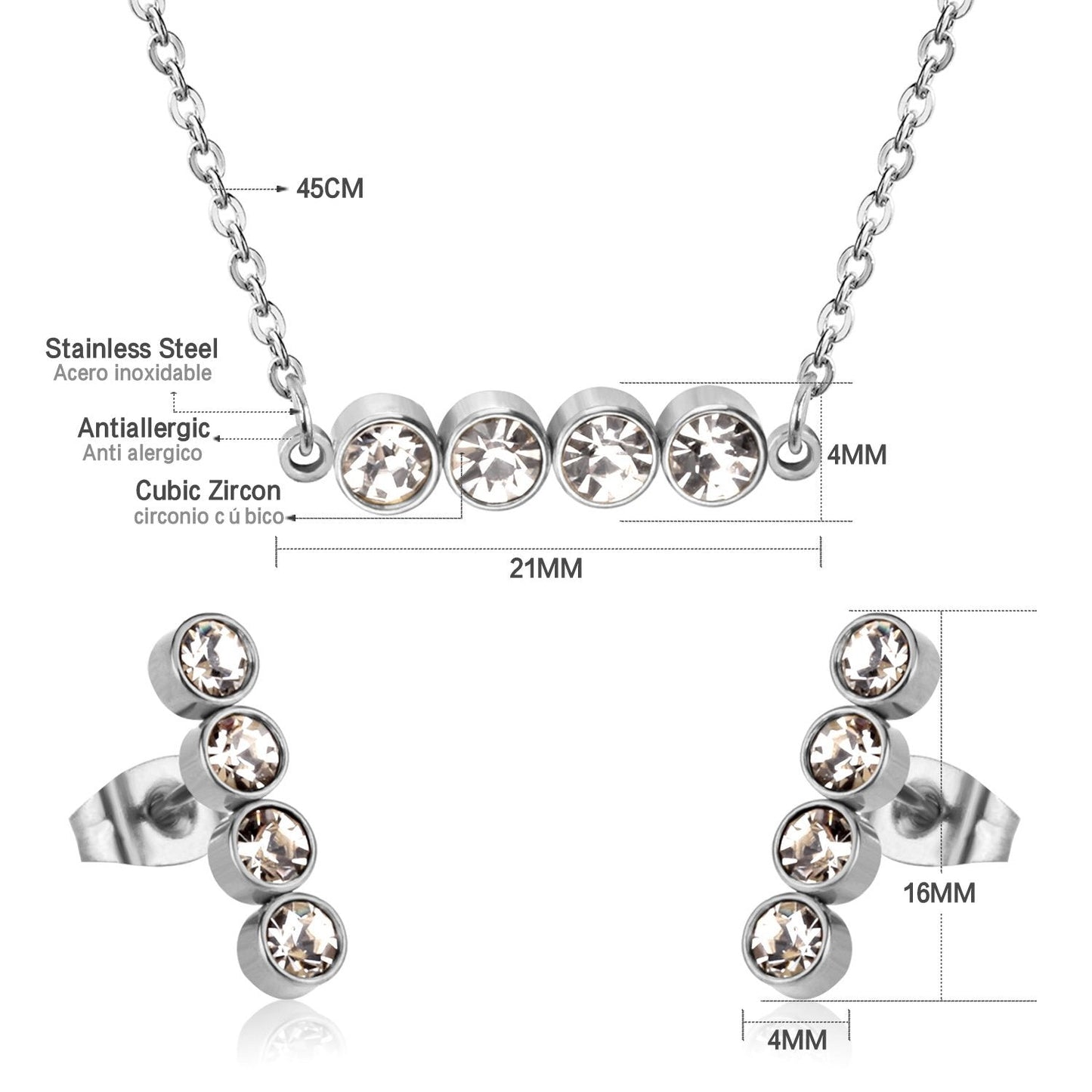 Asonjewelry Cubic Zirconia Gold Color Wedding Jewelry Set for Women 316L Stainless Steel Necklace Pendants Small Stud Earring asonjewelry