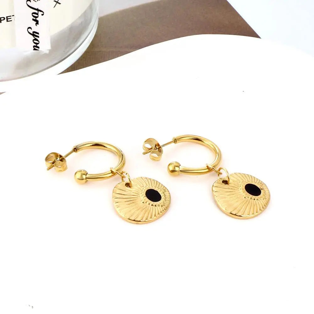 Women Chic Stainless Steel Dangle Earrings Gold Color Shell Black Drip Oil Pendant Drop Hoop Ear Clips Gifts asonjewelry