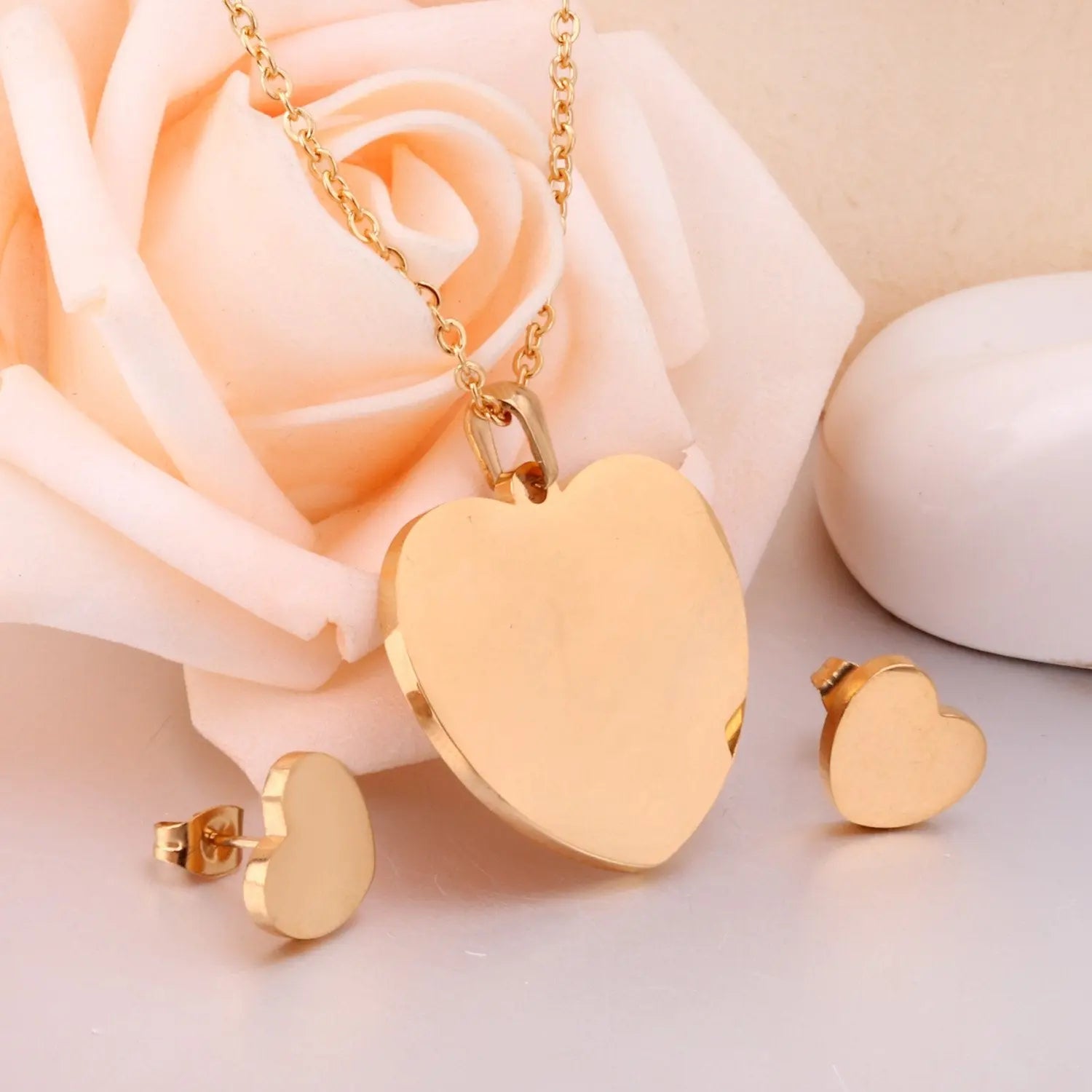 Heart Earrings Pendant Chain Necklace Jewelry Set For Women Girls Gold/Steel Wedding Dubai African Jewellery Sets asonjewelry