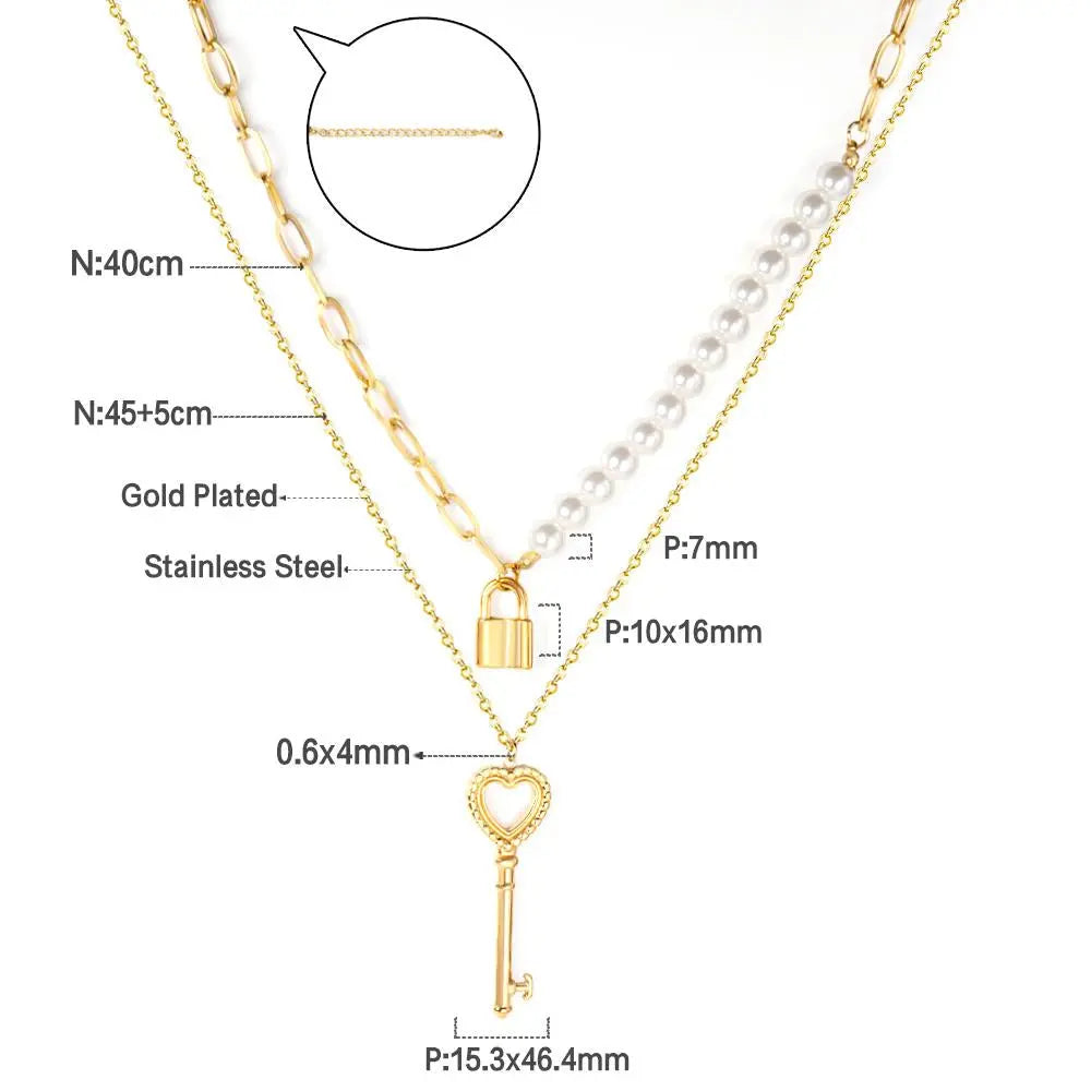 Fashion Lock With Key Double Pendant Necklaces For Women Imitation Pearl Chain Necklace Popular Jewelry 2021 Hot asonjewelry