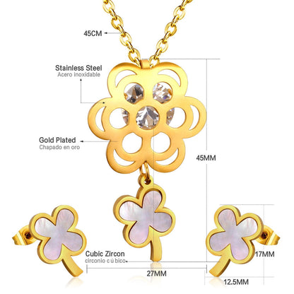 ASON Flower Shell Stainless Steel Gold Wedding Jewelry Sets for Women Cubic Zirconia Necklace Pendant Small Stud Earring asonjewelry
