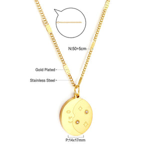 ASON Classic Round Tag Stars Moon Pattern Charm Pendant Necklace Gold Color Stainless Steel For Women Men Jewelry Chokers