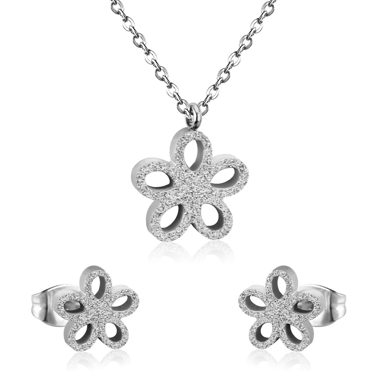 ASON Frosted Flower Chain Pendant Necklace Piercing Earrings Gold Color Stainless Steel for Women Jewelry Sets Fashion asonjewelry