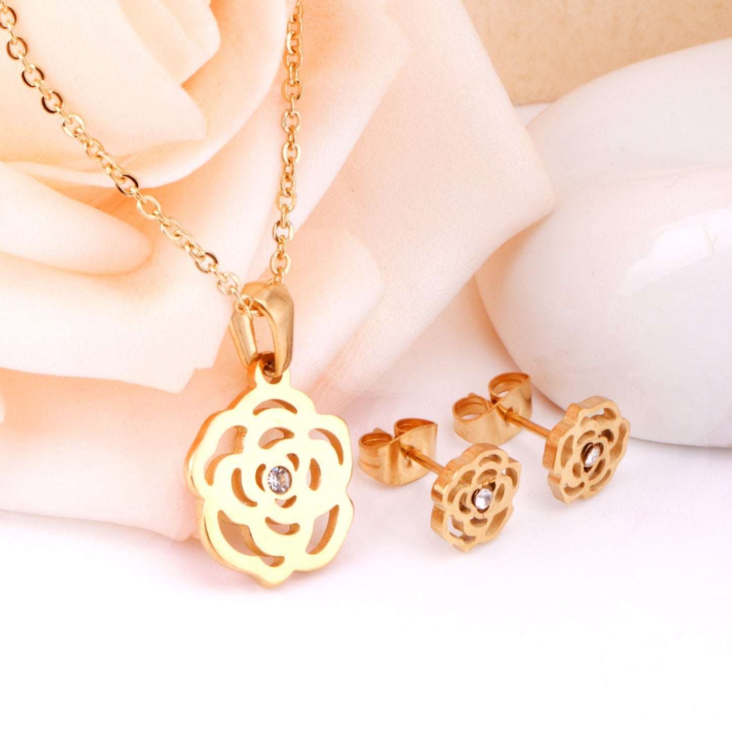 ASON Romantic Flower Shape Pendants Chain Necklace Piercing Stud Earrings Jewelry Sets Stainless Steel Gold Color For Women asonjewelry