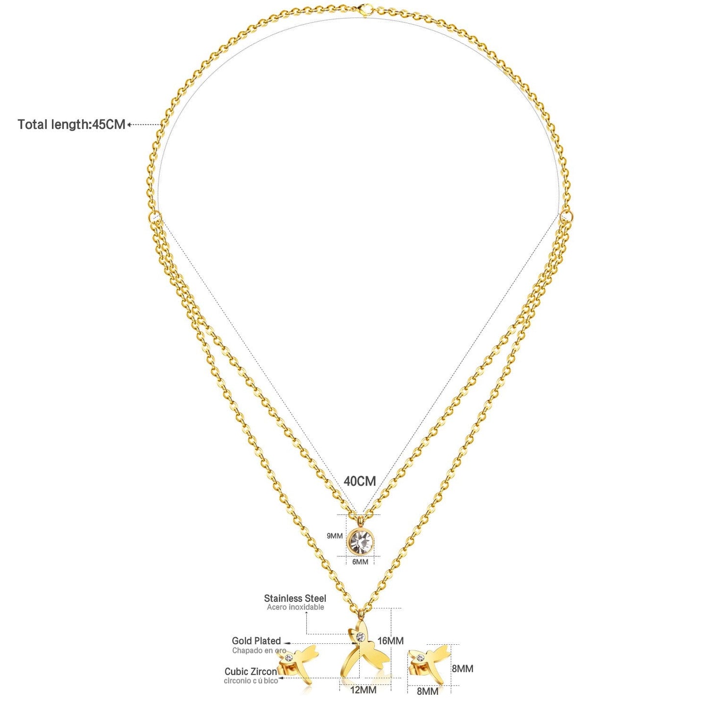 ASON Fashion 316L Stainless Steel Gold Bridal Wedding Jewelry Set for Women Dragonfly Necklace Pendant Small Stud Earring asonjewelry