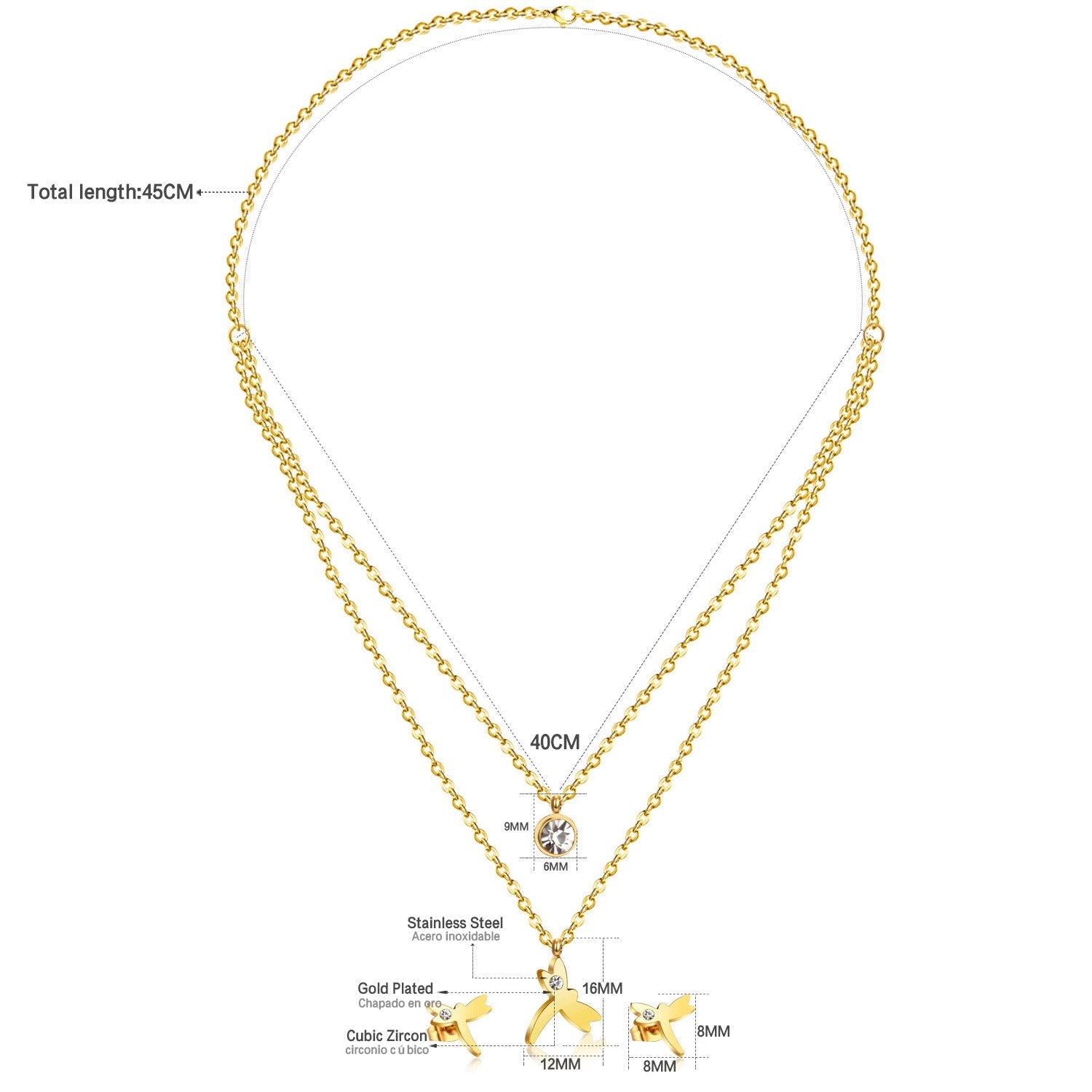 ASON Fashion 316L Stainless Steel Gold Bridal Wedding Jewelry Set for Women Dragonfly Necklace Pendant Small Stud Earring asonjewelry