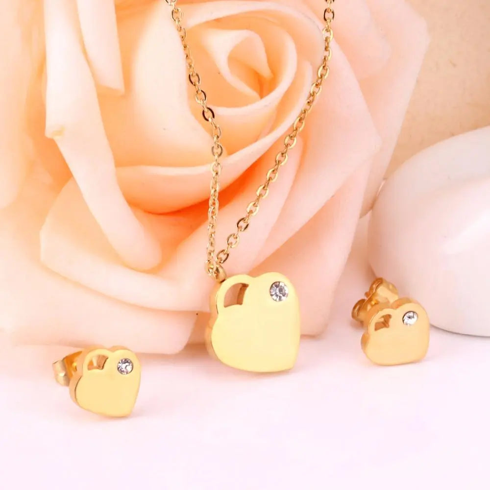 Lovely Heart Stainless Steel Bridal Jewelry Sets Necklace Earrings Accessories Set For Women Wedding Gift asonjewelry