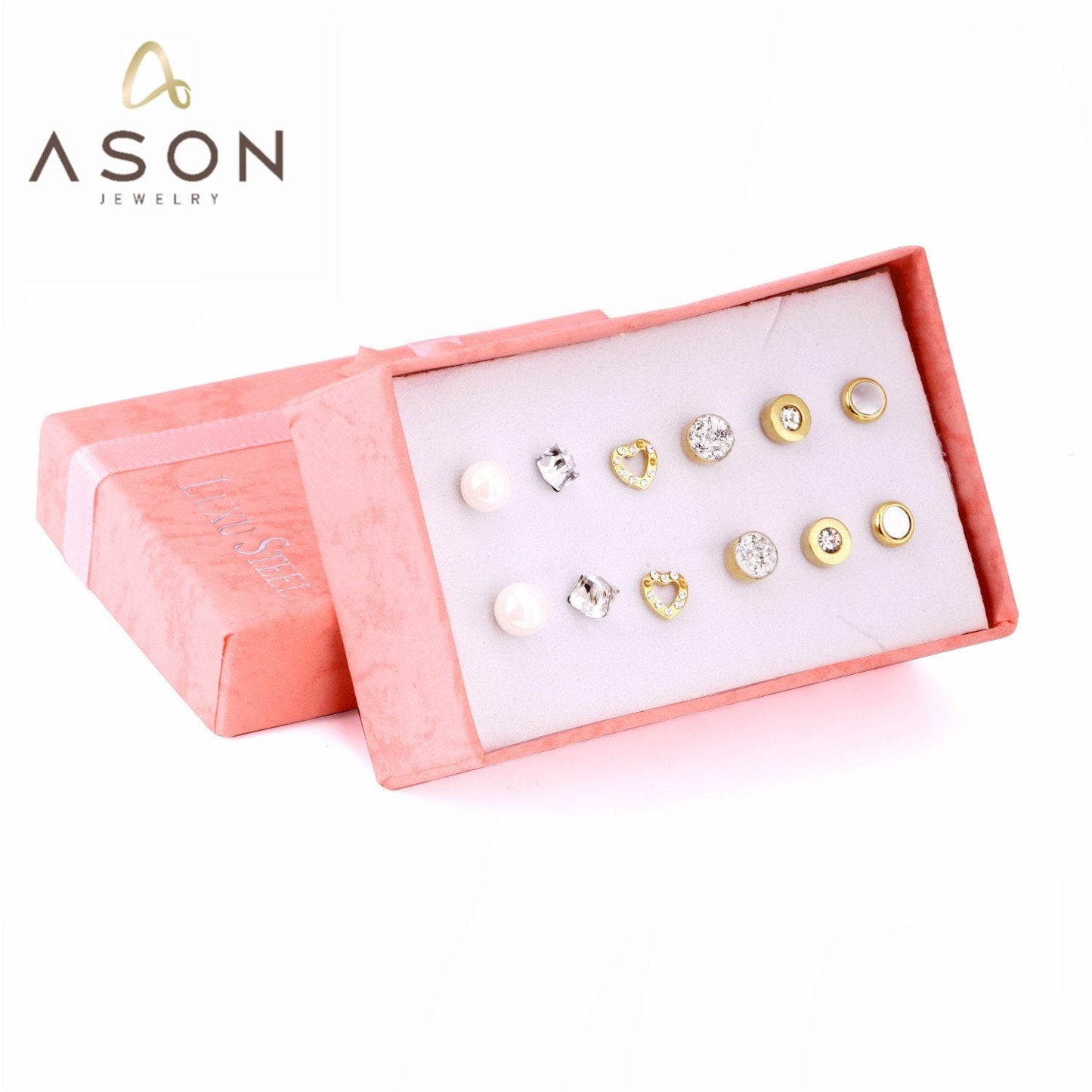 ASON 6pairs/Box Round Square Cubic Zirconia Pearl Stud Earrings Sets Gold Color Stainless Steel For Women Jewelry Piercing asonjewelry