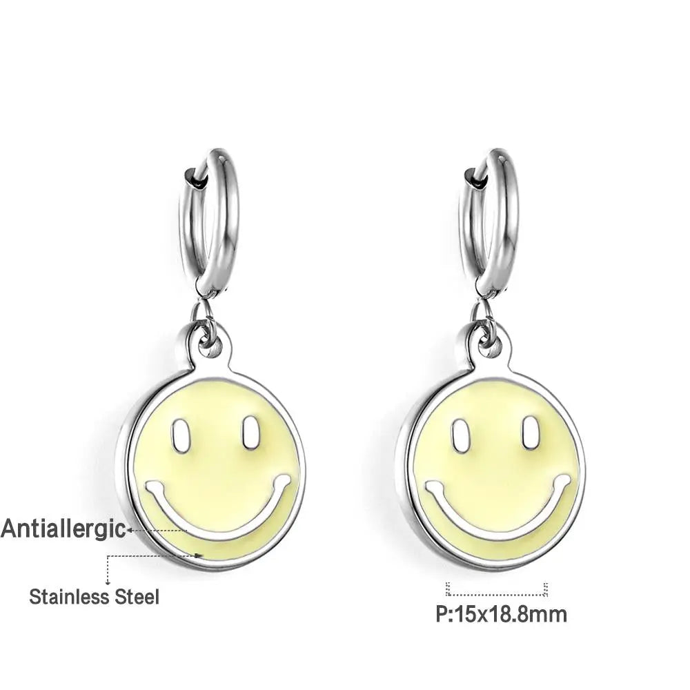 Round Smile Face Hoop Earrings For Women Girls Stainless Steel Dripping Oil Dangle Earrings Kpop Korean Jewelry asonjewelry